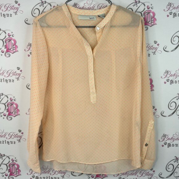 Kersh blouse polka dot dotted orange Peach Sheer Women's Blouse button up - Picture 1 of 9